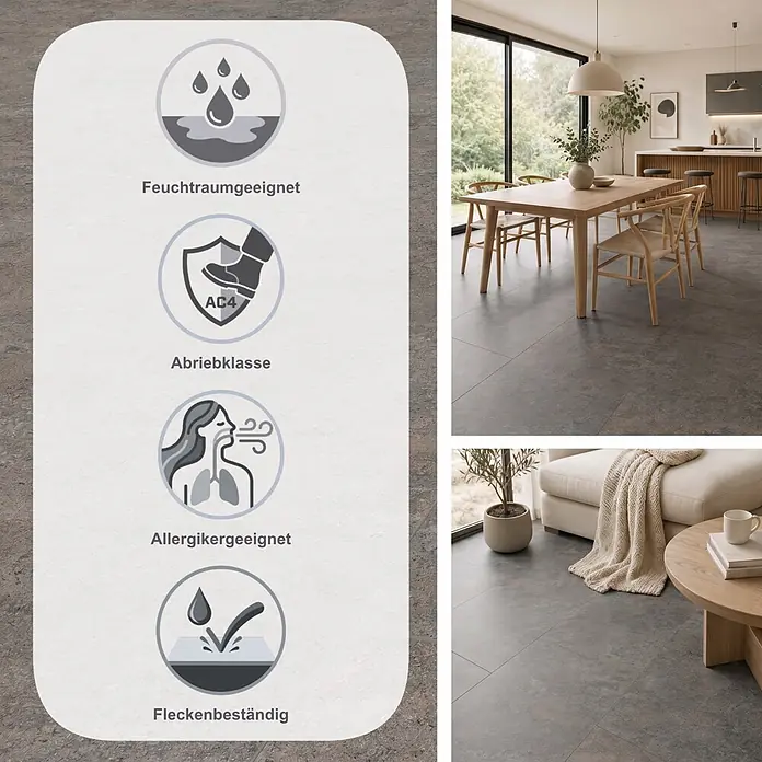 LOGOCLIC Ceramico Laminat - Albus, 638 x 330 x 8 mm - Dunkelgraue Bodenfliesen mit AC4 Abriebklasse, feuchtraum-, allergikergeeignet und fleckenbeständig, in modernen Wohnräumen verlegt.