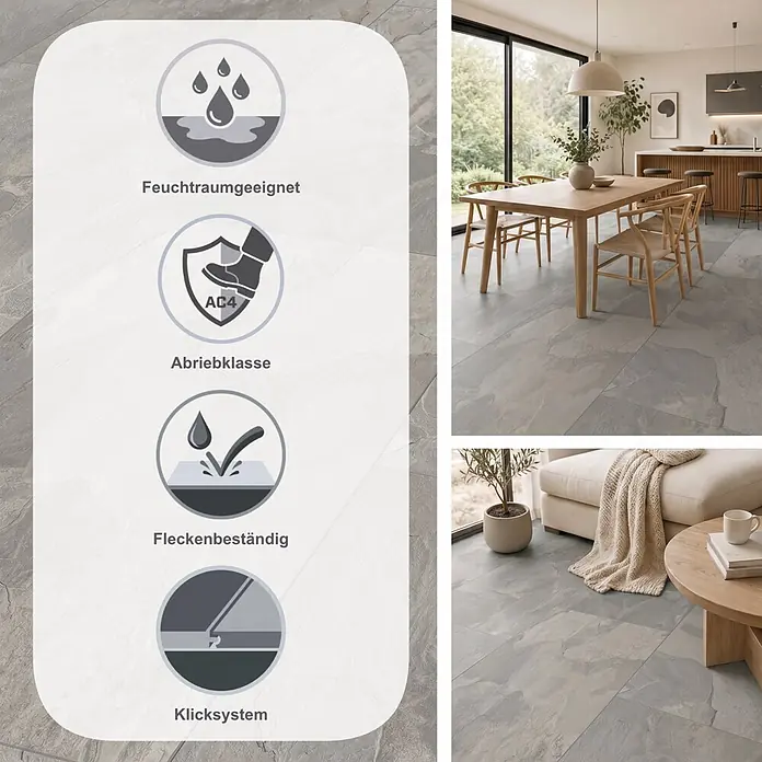 LOGOCLIC Ceramico Laminat - Lucienda, 638 x 330 x 8 mm - Graue Bodenfliesen in Schieferoptik für Ess- und Wohnbereiche, feuchtigkeits-, abrieb-, allergiker- und fleckenbeständig.