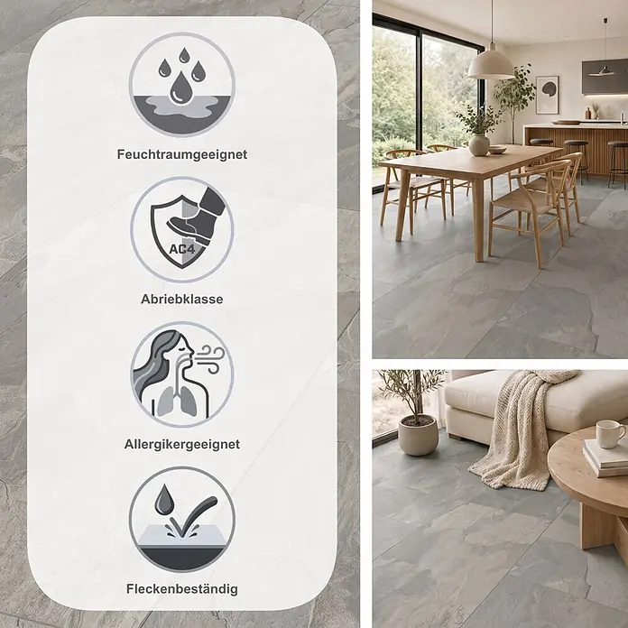 LOGOCLIC Ceramico Laminat - Lucienda, 638 x 330 x 8 mm - Graue Bodenfliesen in Schieferoptik für Ess- und Wohnbereiche, feuchtigkeits-, abrieb-, allergiker- und fleckenbeständig.