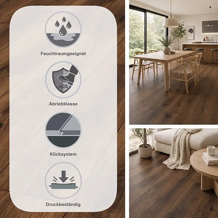 MyStyle MyDream Laminat - Bourbon Hill Oak, Landhausdiele, 1.285 x 192 x 14 mm - Dunkelbrauner Laminatboden in modernen Wohnräumen, der Wasserbeständigkeit, Haltbarkeit, antibakterielle Eigenschaften und Allergikerfreundlichkeit hervorhebt.