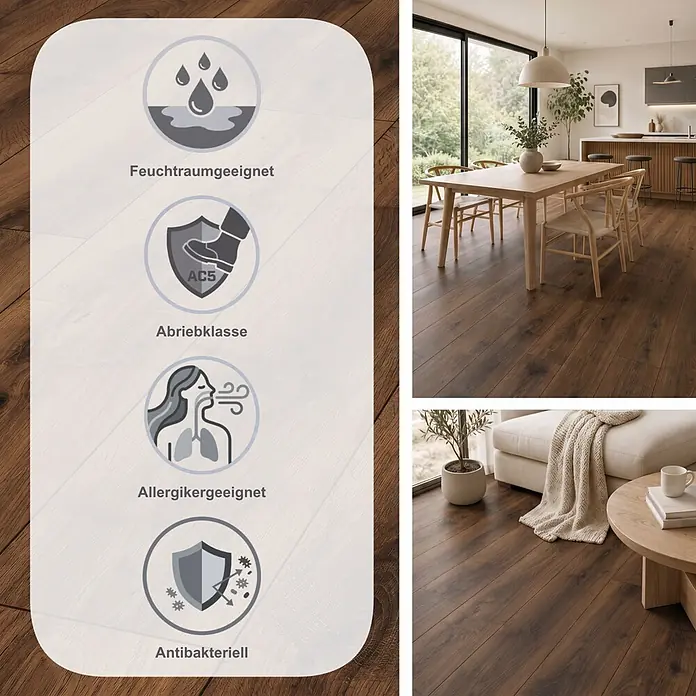 MyStyle MyDream Laminat - Bourbon Hill Oak, Landhausdiele, 1.285 x 192 x 14 mm - Dunkelbrauner Laminatboden in modernen Wohnräumen, der Wasserbeständigkeit, Haltbarkeit, antibakterielle Eigenschaften und Allergikerfreundlichkeit hervorhebt.