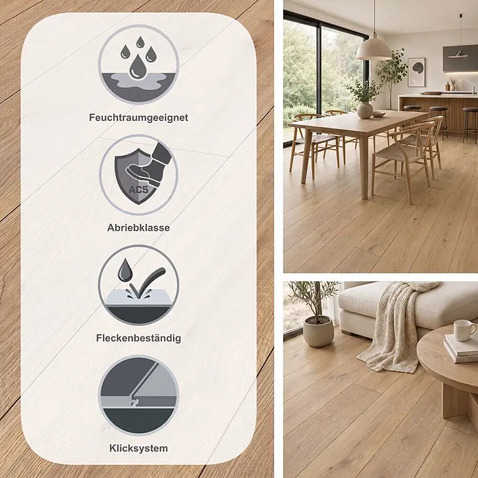 LOGOCLIC Aquaprotect Smart Laminat - Sogne Oak, Landhausdiele, 1.288 x 195 x 6 mm - Helles Holzboden in einem modernen Zuhause, geeignet für Feuchträume, abriebfest, schmutzabweisend und allergikergeeignet.