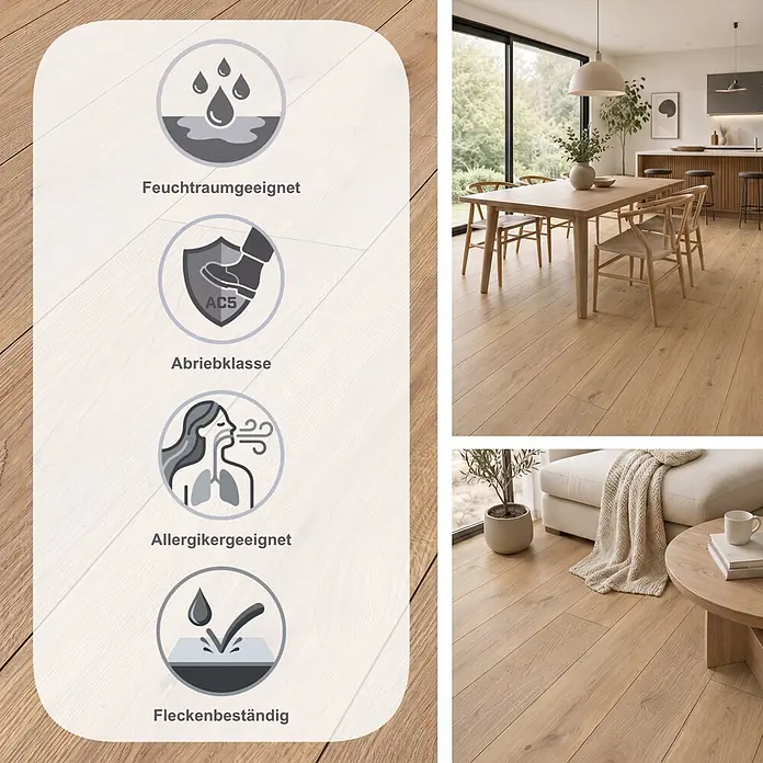 LOGOCLIC Aquaprotect Smart Laminat - Sogne Oak, Landhausdiele, 1.288 x 195 x 6 mm - Helles Holzboden in einem modernen Zuhause, geeignet für Feuchträume, abriebfest, schmutzabweisend und allergikergeeignet.