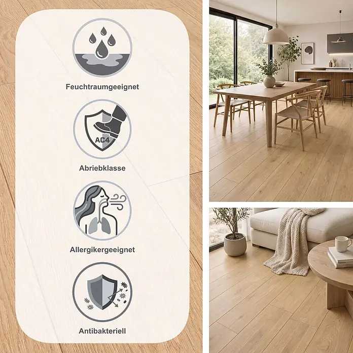 Krono Original Laminat Atlantic 8 - Natural Darcy Oak, Landhausdiele, 1.288 x 195 x 8 mm - Heller Laminatboden in Holzoptik in modernem Raum, mit Icons für Feuchtraumeignung, Abriebklasse AC4, Allergiker- und antibakteriell.