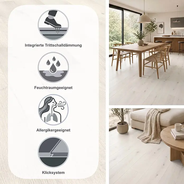 Krono Original Laminat Organic Flex - Pearl River Oak, Landhausdiele, 1.288 x 189 x 7 mm - Heller Bodenbelag in Holzoptik mit integrierten Eigenschaften wie Trittschalldämmung und Feuchtigkeitsbeständigkeit. Schön verlegt in Wohn- und Essbereichen.