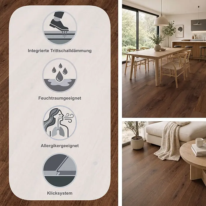 Krono Original Laminat Organic Flex - Tobacco Manor Oak, Landhausdiele, 1.288 x 189 x 7 mm - Dunkelbrauner Holzboden mit Symbolen für Trittschalldämmung, Feuchtraum, Allergikerfreundlichkeit und Klicksystem. In Wohnräumen verlegt.