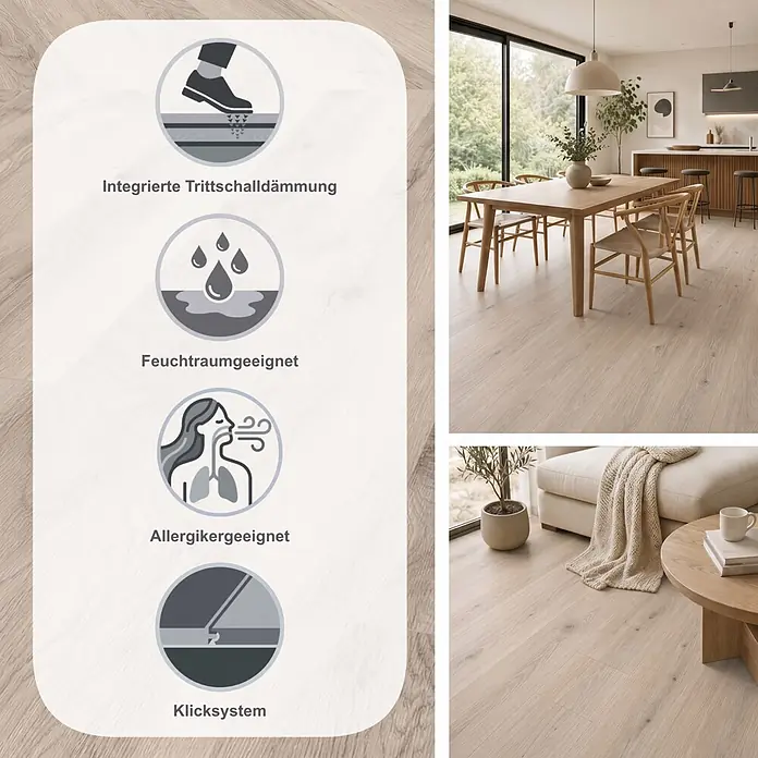 Krono Original Laminat Organic Flex - Pebble Manor Oak, Landhausdiele, 1.288 x 189 x 7 mm - Helles Holzlaminat mit integrierter Trittschalldämmung, Feuchtraumeignung, Allergikerfreundlichkeit und Klicksystem, gezeigt in modernen Wohnräumen.