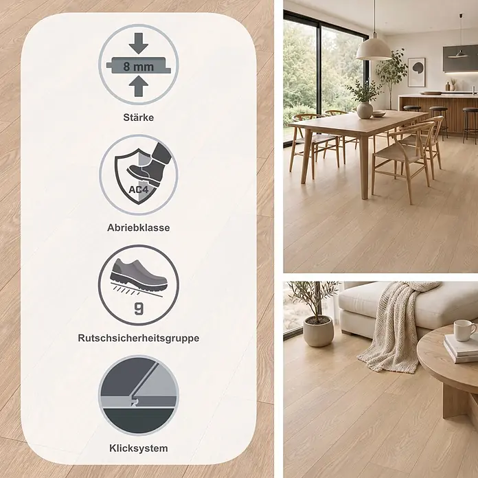 Egger Laminat NatureSense Promo - Baronia Eiche hell, Landhausdiele, 1.292 x 193 x 8 mm - Helles Laminat in Holzoptik mit Eigenschaften wie 8mm Stärke, Abriebklasse AC4, Allergikerfreundlichkeit und Rutschsicherheit R9, in modernem Zuhause.