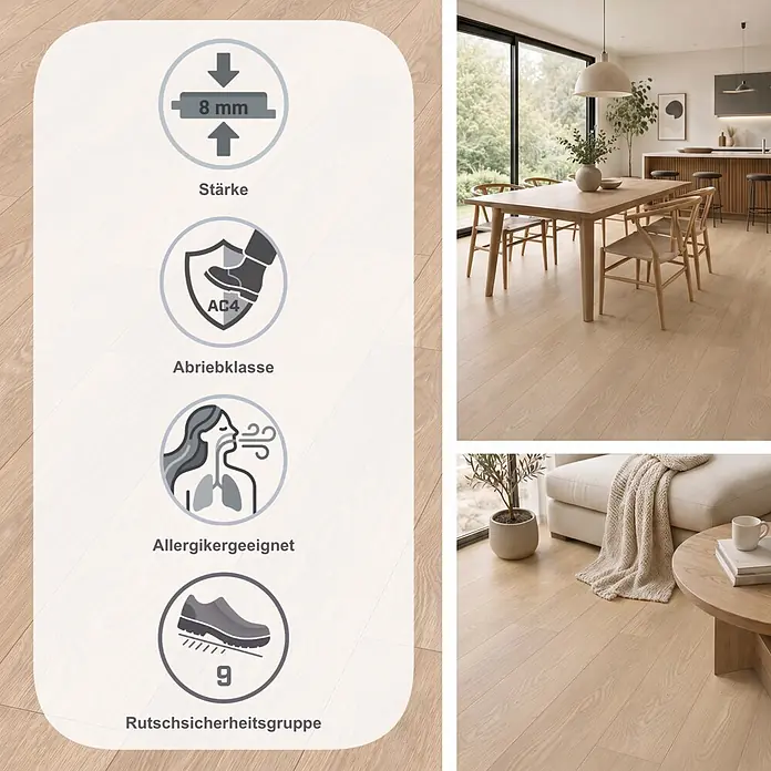 Egger Laminat NatureSense Promo - Baronia Eiche hell, Landhausdiele, 1.292 x 193 x 8 mm - Helles Laminat in Holzoptik mit Eigenschaften wie 8mm Stärke, Abriebklasse AC4, Allergikerfreundlichkeit und Rutschsicherheit R9, in modernem Zuhause.