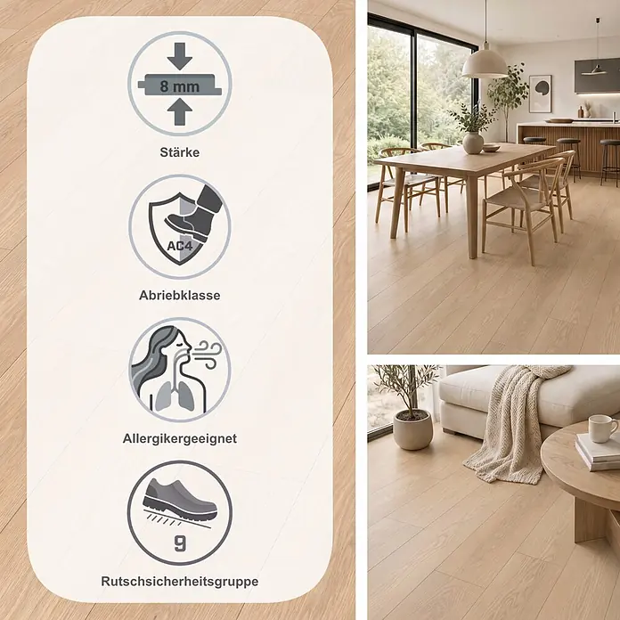 Egger Laminat NatureSense Promo - Baronia Eiche sand, Landhausdiele, 1.292 x 193 x 8 mm - Heller Holzoptik-Boden in modernen Ess- und Wohnbereichen, mit Infofeld zu Produkteigenschaften.