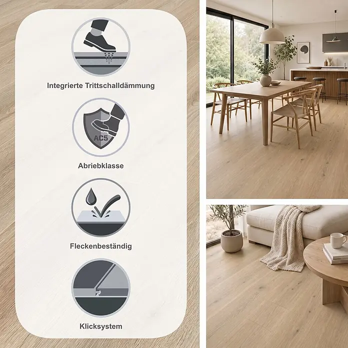 LOGOCLIC Ambienta Laminat - Eiche Erusa, Landhausdiele, 1.288 x 195 x 10 mm - Heller Eichenlaminatboden. Icons zeigen: Trittschalldämmung, Abriebklasse AC5, Allergikergeeignet, Fleckenbeständig. In modernen Wohnräumen abgebildet.
