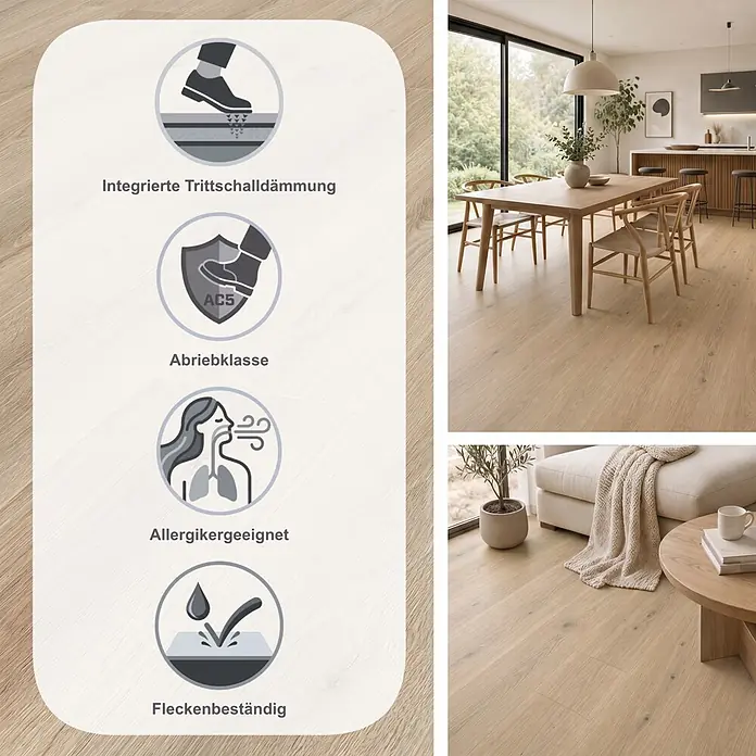LOGOCLIC Ambienta Laminat - Eiche Erusa, Landhausdiele, 1.288 x 195 x 10 mm - Heller Eichenlaminatboden. Icons zeigen: Trittschalldämmung, Abriebklasse AC5, Allergikergeeignet, Fleckenbeständig. In modernen Wohnräumen abgebildet.
