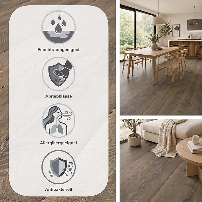 Krono Original Laminat Long Plank 12 - Ferry Oak, Landhausdiele, 2.003 x 245 x 12 mm - Dunkler Holzboden in modernem Ess- und Wohnzimmer. Symbole zeigen Feuchtraumeignung, Abriebklasse AC5, Allergikerfreundlichkeit, antibakteriell.