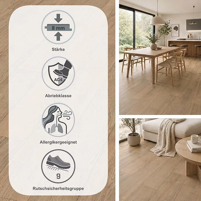 Egger Laminat NatureSense Promo - Elva Eiche natur, Landhausdiele, 1.292 x 193 x 8 mm - Heller Laminatboden in Holzoptik, 8mm dick, AC4 Abriebklasse, allergikergeeignet und Rutschsicherheitsgruppe 9, gezeigt in einem modernen Zuhause.