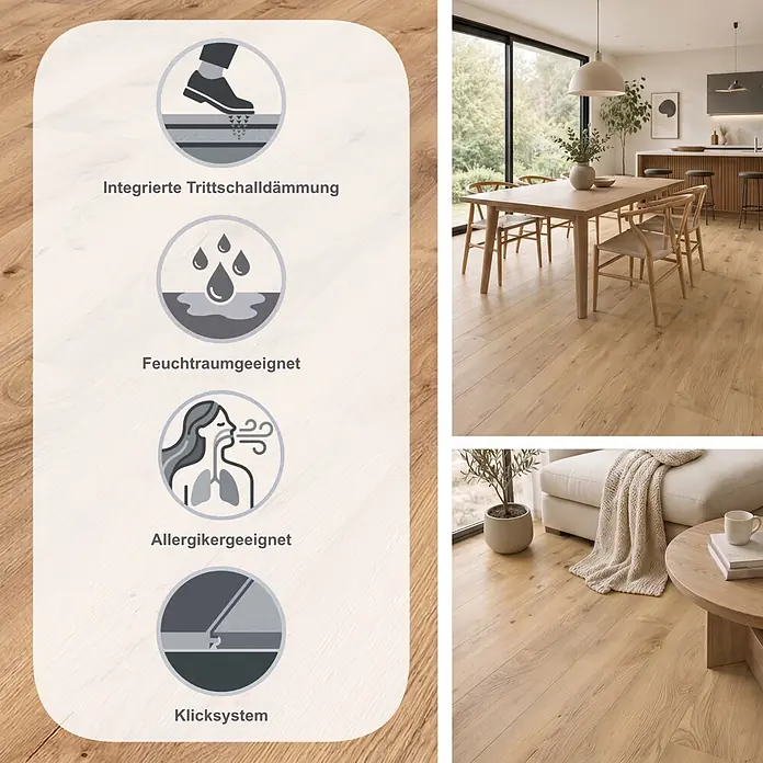 Krono Original Laminat Organic Flex - Tuscan Manor Oak, Landhausdiele, 1.288 x 189 x 7 mm - Heller Eichenlaminatboden mit integrierter Trittschalldämmung, Feuchtraumeignung, Allergikerfreundlichkeit und Klicksystem.