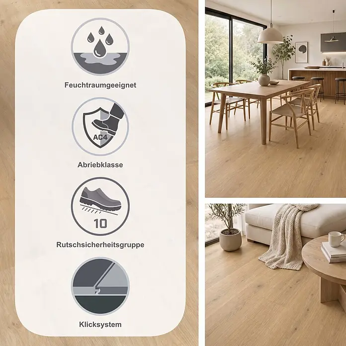 Parador Laminat Basic 400 - Eiche geschliffen, Landhausdiele, 1.285 x 194 x 8 mm - Helles Laminat in Holzoptik für Feuchträume, Abriebklasse AC4, rutschhemmend und Klicksystem, in modernem Zuhause gezeigt.