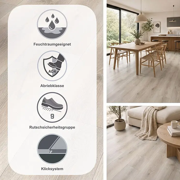 Parador Laminat Basic 600 - Eiche Askada weiß gekälkt, Landhausdiele, 1.285 x 243 x 8 mm - Heller Holzoptik-Bodenbelag mit Feuchtraumeignung, Abriebklasse AC4, Rutschsicherheitsgruppe 9 und Klicksystem.