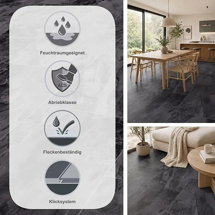 LOGOCLIC Aquaprotect Laminat - Pure, 638 x 330 x 8 mm - Dunkler Steinoptik-Boden in moderner Küche und Wohnzimmer, mit Symbolen für Feuchtraum, Abriebklasse AC5, Allergikerfreundlichkeit und Fleckenbeständigkeit.
