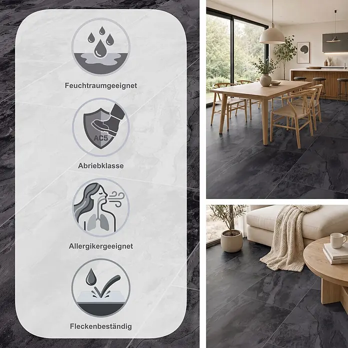 LOGOCLIC Aquaprotect Laminat - Pure, 638 x 330 x 8 mm - Dunkler Steinoptik-Boden in moderner Küche und Wohnzimmer, mit Symbolen für Feuchtraum, Abriebklasse AC5, Allergikerfreundlichkeit und Fleckenbeständigkeit.