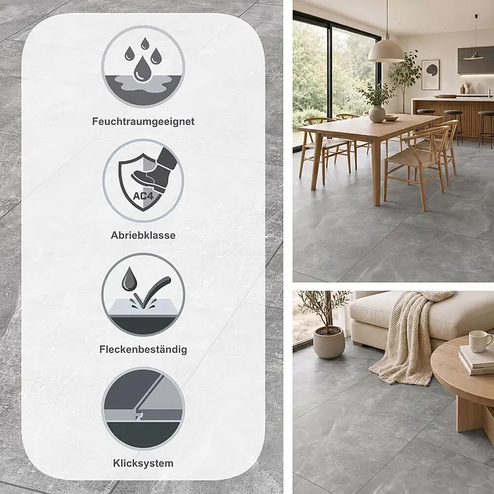 LOGOCLIC Ceramico Laminat - Luzzi, 638 x 330 x 8 mm - Graue Bodenfliesen in einem modernen Zuhause, mit Merkmalen: feuchtraumgeeignet, Abriebklasse AC4, allergikerfreundlich und fleckenbeständig.