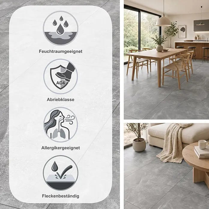 LOGOCLIC Ceramico Laminat - Luzzi, 638 x 330 x 8 mm - Graue Bodenfliesen in einem modernen Zuhause, mit Merkmalen: feuchtraumgeeignet, Abriebklasse AC4, allergikerfreundlich und fleckenbeständig.