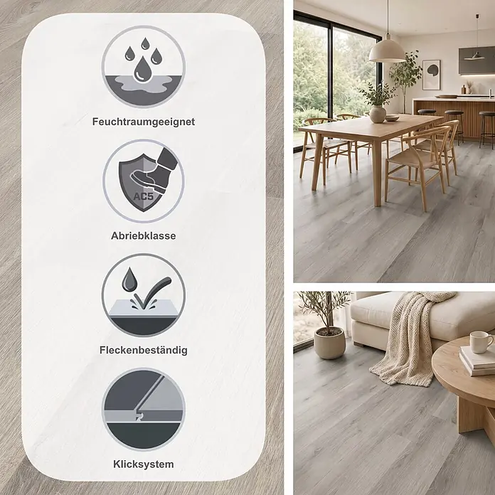 LOGOCLIC Aquaprotect Smart Laminat - Marea Oak, Landhausdiele, 1.288 x 195 x 6 mm - Heller, grauer Bodenbelag in Holzoptik in modernem Ess-/Wohnbereich, mit Symbolen, die seine vielen praktischen Eigenschaften verdeutlichen.