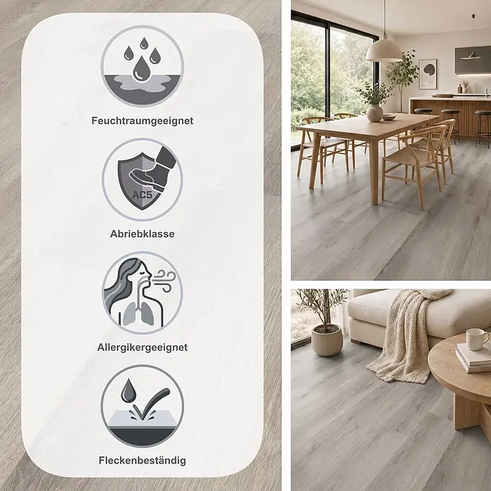 LOGOCLIC Aquaprotect Smart Laminat - Marea Oak, Landhausdiele, 1.288 x 195 x 6 mm - Heller, grauer Bodenbelag in Holzoptik in modernem Ess-/Wohnbereich, mit Symbolen, die seine vielen praktischen Eigenschaften verdeutlichen.