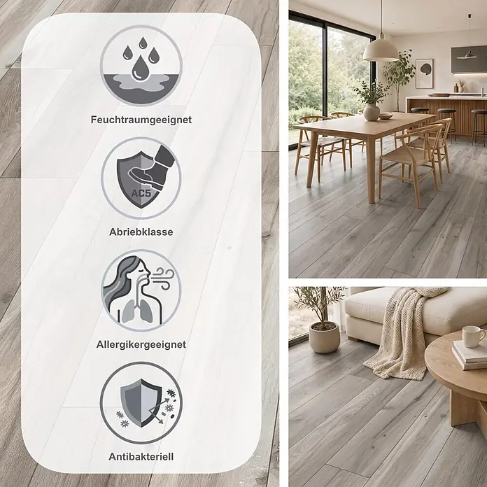 MyStyle MyDream Laminat - Wilderness Oak, Landhausdiele, 1.285 x 192 x 14 mm - Helles graues Laminat in Holzoptik für moderne Wohnräume. Es ist feuchtraumgeeignet, Abriebklasse AC5, allergikerfreundlich und antibakteriell.