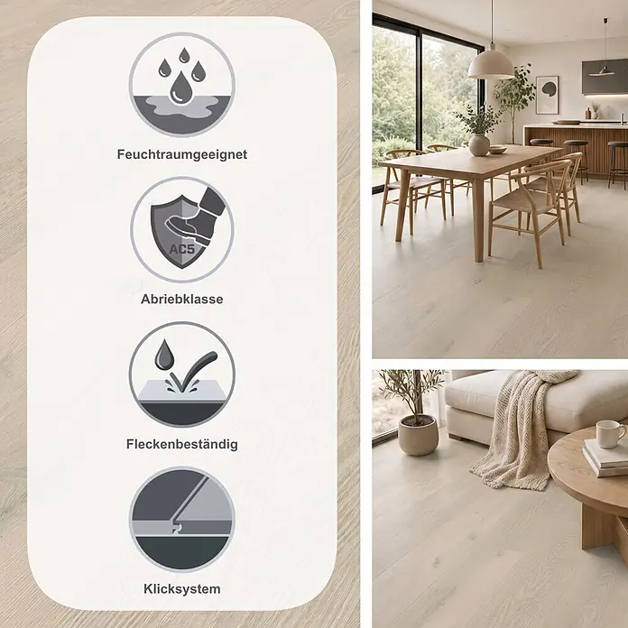 LOGOCLIC Aquaprotect Laminat - Mistery Oak, Landhausdiele, 1.288 x 195 x 8 mm - Heller Holzfußboden mit Symbolen für Feuchtraum-, Abrieb-, Allergiker- und Fleckenbeständigkeit, gezeigt in modernen Wohnräumen.