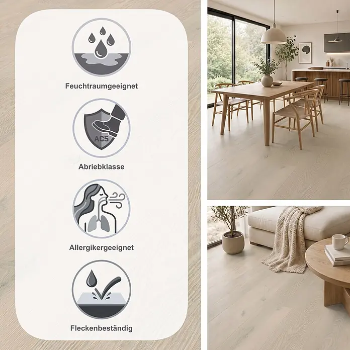 LOGOCLIC Aquaprotect Laminat - Mistery Oak, Landhausdiele, 1.288 x 195 x 8 mm - Heller Holzfußboden mit Symbolen für Feuchtraum-, Abrieb-, Allergiker- und Fleckenbeständigkeit, gezeigt in modernen Wohnräumen.