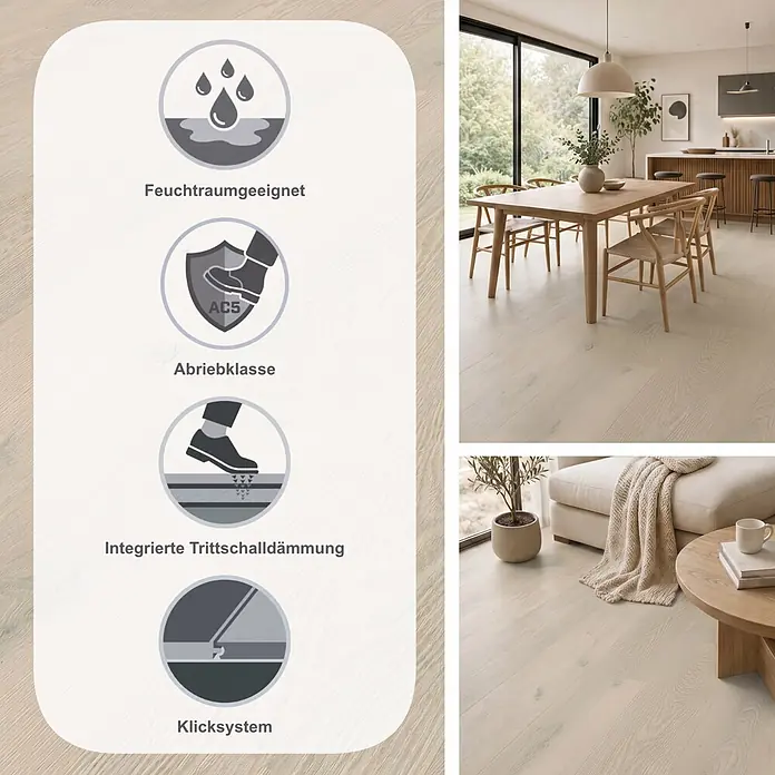 Krono Original Laminat Classic Silent Eco - Mist Ethereal Oak, Landhausdiele, 1.288 x 195 x 9 mm - Heller Holzfußboden in modernen Innenräumen, mit Symbolen für Feuchtigkeits-, Abrieb (AC5)-, Allergiker- und antibakterielle Eigenschaften.
