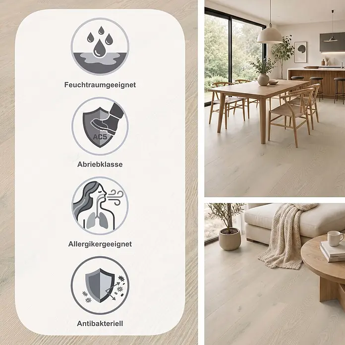 Krono Original Laminat Classic Silent Eco - Mist Ethereal Oak, Landhausdiele, 1.288 x 195 x 9 mm - Heller Holzfußboden in modernen Innenräumen, mit Symbolen für Feuchtigkeits-, Abrieb (AC5)-, Allergiker- und antibakterielle Eigenschaften.