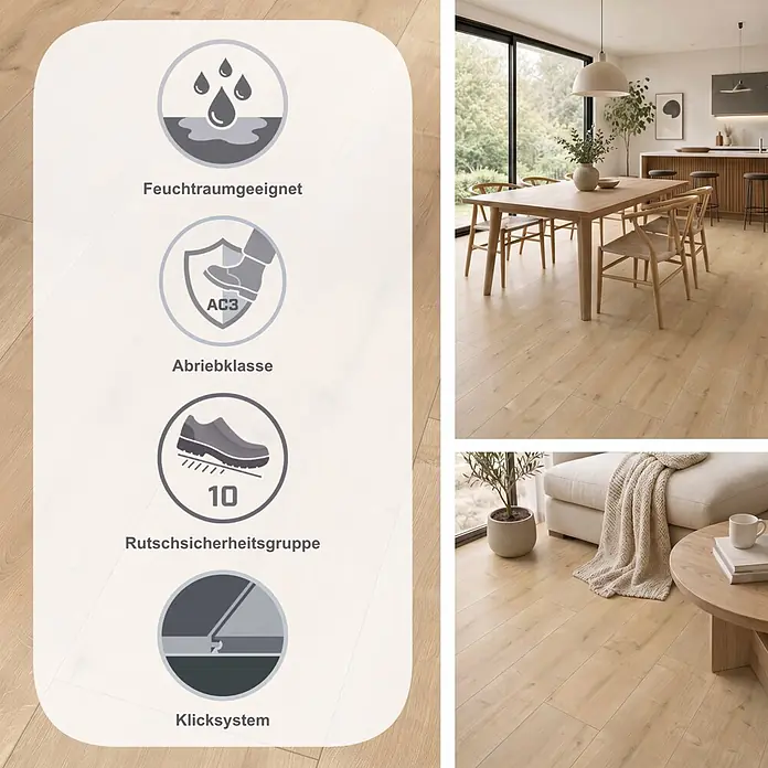 Parador Laminat Baisc 200 M4V - Eiche geschliffen, Landhausdiele, 1.285 x 194 x 7 mm - Hellbrauner Laminatboden mit Piktogrammen für Feuchtraumeignung, Abriebklasse AC3, Rutschsicherheit 10 und Klicksystem.