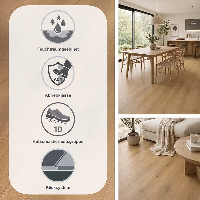 Parador Laminat Basic 600 - Eiche Horizont Natur, Landhausdiele, 1.285 x 243 x 8 mm - Helles Eichenholzparkett in einem modernen Zuhause, mit Symbolen für Feuchtraumeignung, Abriebklasse AC4, Rutschsicherheitsgruppe R10 und Klicksystem.