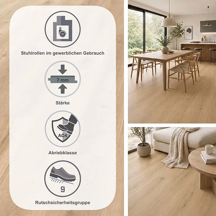 Living by Haro Laminat Tritty 90 - Eiche Melina, Landhausdiele, 1.282 x 193 x 7 mm - Heller Holzboden in einem modernen Interieur, mit Spezifikationen: 7mm Stärke, AC4 Abriebklasse, Rutschfestigkeit 9, geeignet für Bürostühle.