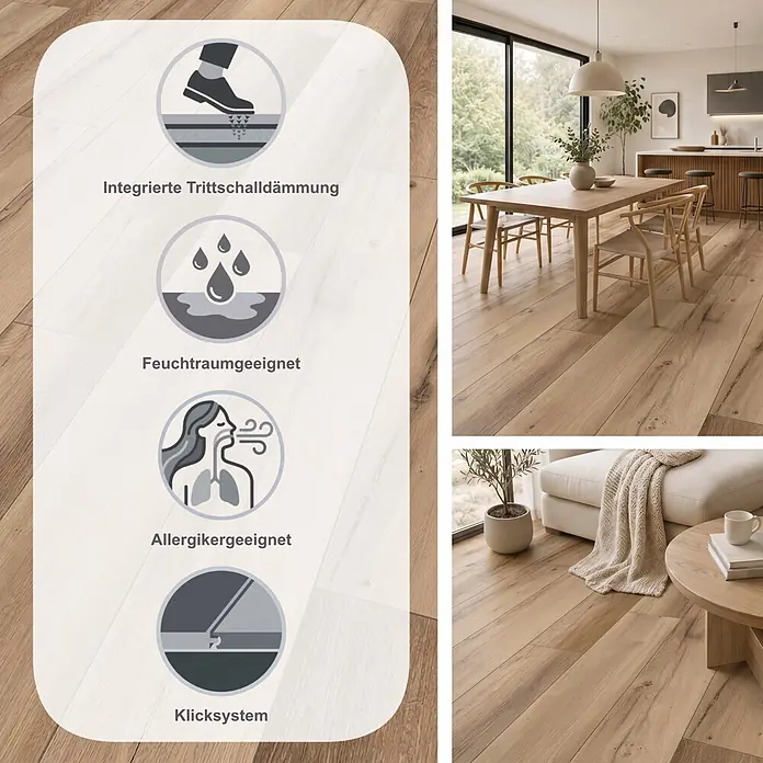 Krono Original Laminat Organic Flex - Hazel Range Oak, Landhausdiele, 1.288 x 189 x 7 mm - Heller Naturholz-Dielenboden mit Piktogrammen für Trittschalldämmung, Feuchtraumeignung, Allergikerfreundlichkeit und Klicksystem.