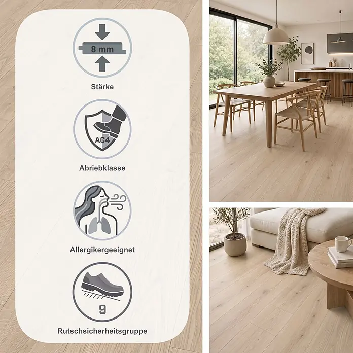 Egger Laminat NatureSense Promo - Berdal Eiche hell, Landhausdiele, 1.292 x 193 x 8 mm - Heller Holzboden mit Infografik zu Stärke (8mm), Abriebklasse (AC4), Allergiker-Eignung und Rutschsicherheitsgruppe (R9), gezeigt in Ess- und Wohnzimmer.
