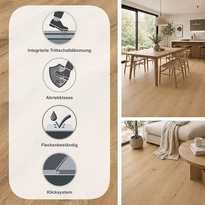 LOGOCLIC Ambienta Laminat - Eiche Canta, Landhausdiele, 1.288 x 195 x 10 mm - Heller Laminatboden in Holzoptik für moderne Räume, mit Trittschalldämmung, Abriebklasse AC5, allergikerfreundlich und fleckenbeständig.