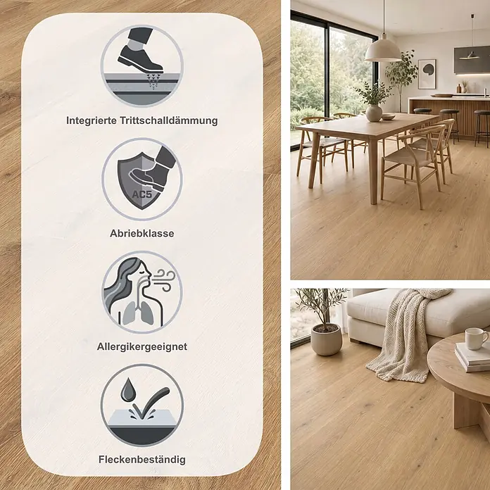 LOGOCLIC Ambienta Laminat - Eiche Canta, Landhausdiele, 1.288 x 195 x 10 mm - Heller Laminatboden in Holzoptik für moderne Räume, mit Trittschalldämmung, Abriebklasse AC5, allergikerfreundlich und fleckenbeständig.