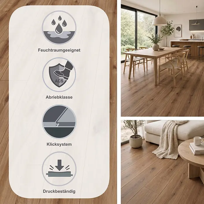 MyStyle MyDream Laminat - Golden Vista Oak, Landhausdiele, 1.285 x 192 x 14 mm - Holzoptikboden mit Icons für Feuchtraumeignung, Abriebklasse AC5, Allergikerfreundlichkeit und antibakterielle Eigenschaften, in modernem Zuhause.