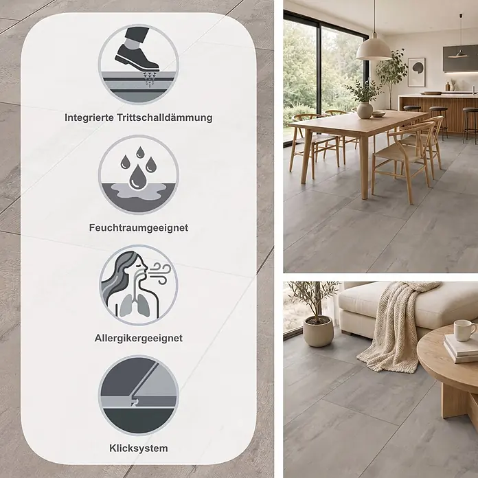 Krono Original Laminat Organic Flex - Brooklyn Vibe, 638 x 322 x 7 mm - Hellgrauer Steinoptik-Bodenbelag mit integrierter Trittschalldämmung, feuchtraumgeeignet, allergikerfreundlich und Klicksystem, in modernem Zuhause gezeigt.