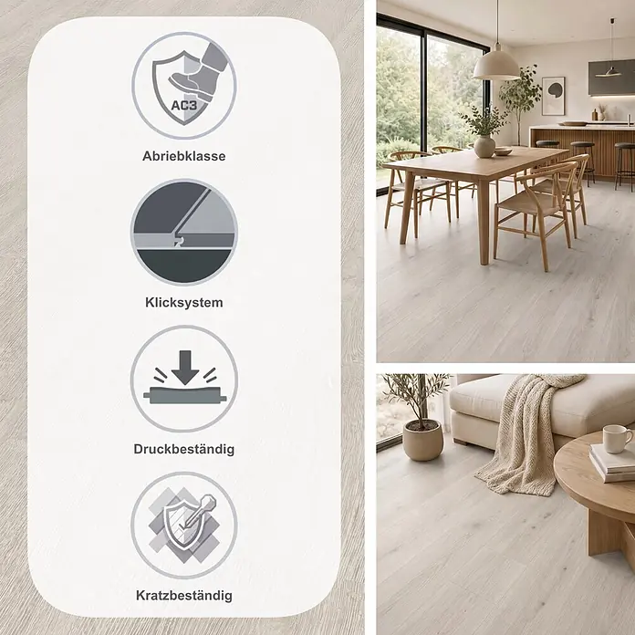 Laminat - Atlas Oak, Landhausdiele, 1.285 x 192 x 7 mm - Helles Holzboden-Laminat mit AC3 Abriebklasse, Allergiker-geeignet, antibakteriell und Klicksystem, in modernen Räumen dargestellt.