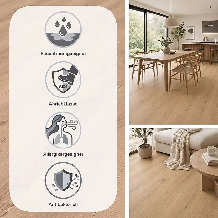 Krono Original Laminat Atlantic 8 - Beige Parioli Oak, Landhausdiele, 1.288 x 195 x 8 mm - Heller Holz-Laminatboden in einem modernen Zuhause, mit Symbolen für Feuchtraumeignung, Abriebklasse AC4, Allergikerfreundlichkeit und antibakterielle Eigenschaften.