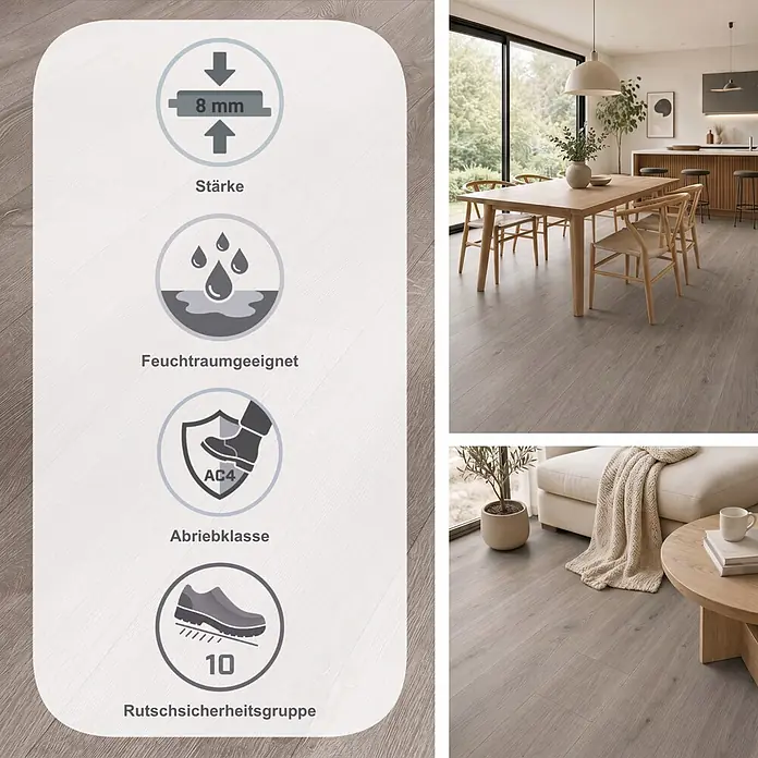 Parador Laminat Basic 400 - Eiche lichtgrau, Landhausdiele, 1.285 x 194 x 8 mm - Hellgrauer Holzboden in modernem Zuhause, hebt 8mm Stärke, Feuchtraumeignung, AC4 Abriebklasse und R10 Rutschsicherheit hervor.