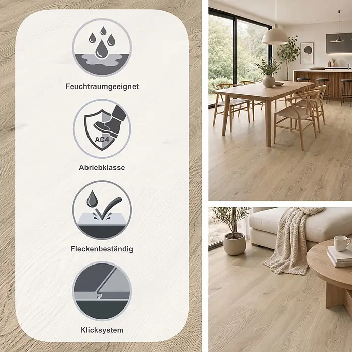 LOGOCLIC Vinto Laminat Classic - Eiche Flinton, Landhausdiele, 1.288 x 195 x 8 mm - Heller Laminatboden in Holzoptik, feuchtraumgeeignet, Abriebklasse AC4, fleckenbeständig und mit Klicksystem. In Küche und Wohnzimmer gezeigt.
