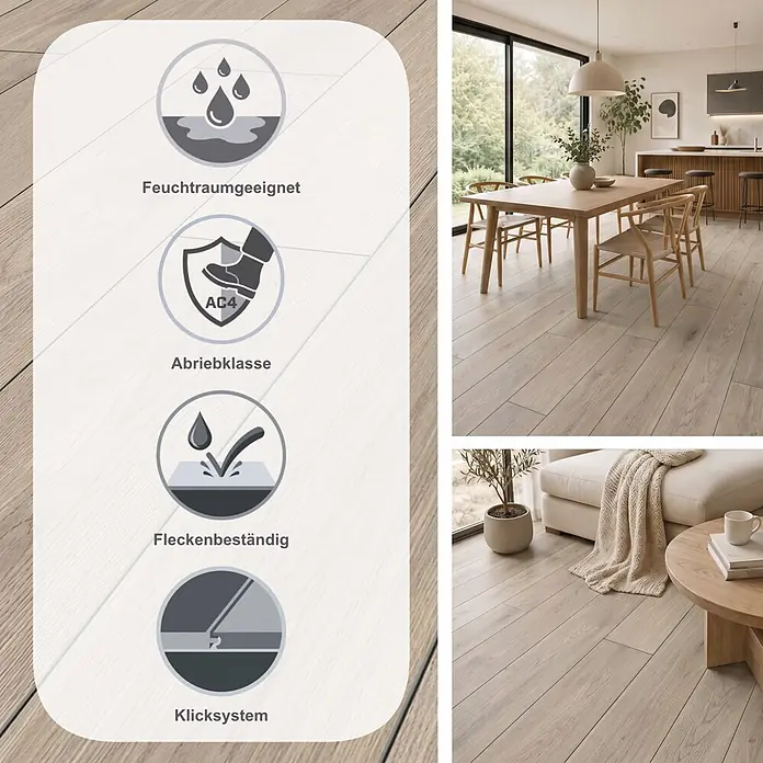 LOGOCLIC Vinto Laminat Classic - Eiche Nassau, Landhausdiele, 1.288 x 195 x 8 mm - Heller Eichenlaminatboden in modernen Wohnräumen, mit Feuchtigkeitsbeständigkeit, Abriebklasse AC4, Fleckenbeständigkeit und Klicksystem.