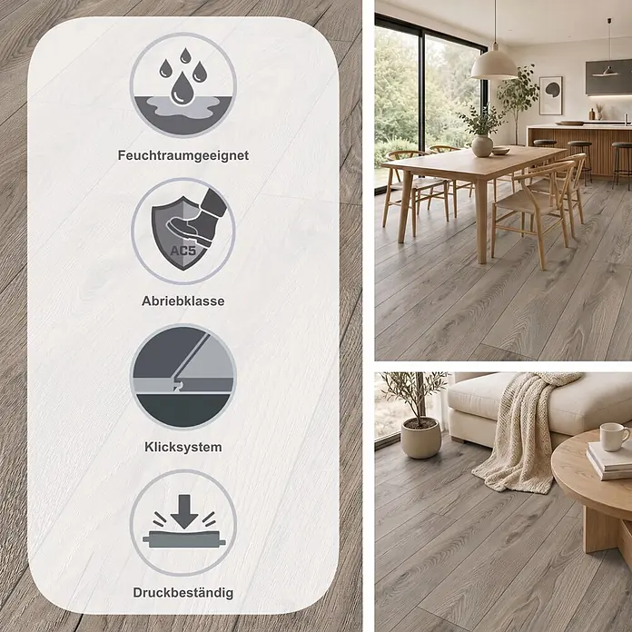 MyStyle MyDream Laminat - Rutherford Oak, Landhausdiele, 1.285 x 192 x 14 mm - Helles Holzfußboden, feuchtraumgeeignet, AC5 abriebfest, allergikerfreundlich, antibakteriell. Abgebildet in modernen Wohnräumen.