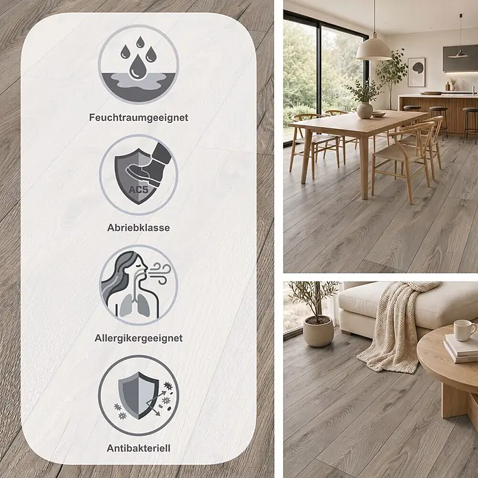 MyStyle MyDream Laminat - Rutherford Oak, Landhausdiele, 1.285 x 192 x 14 mm - Helles Holzfußboden, feuchtraumgeeignet, AC5 abriebfest, allergikerfreundlich, antibakteriell. Abgebildet in modernen Wohnräumen.
