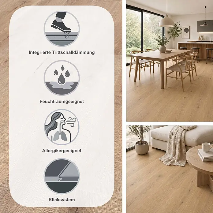 Krono Original Laminat Organic Flex - Sand River Oak, Landhausdiele, 1.288 x 189 x 7 mm - Helles Holzdekor-Boden mit Trittschalldämmung, feuchtraumgeeignet, allergikerfreundlich, Klicksystem, gezeigt in modernen Wohnräumen.