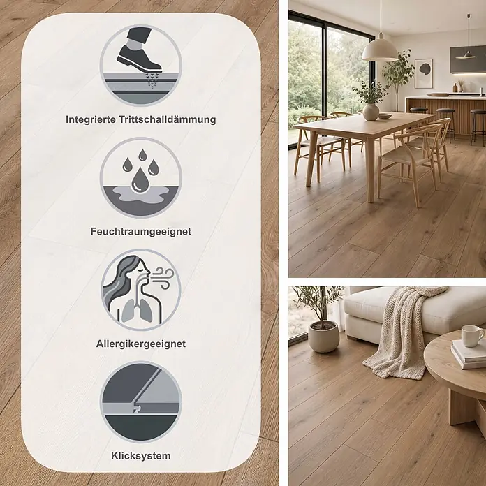 Krono Original Laminat Organic Flex - Flax River Oak, Landhausdiele, 1.288 x 189 x 7 mm - Heller Holzfußboden mit integrierter Trittschalldämmung, Klicksystem, feuchtraum- & allergikergeeignet, in modernen Wohnräumen.